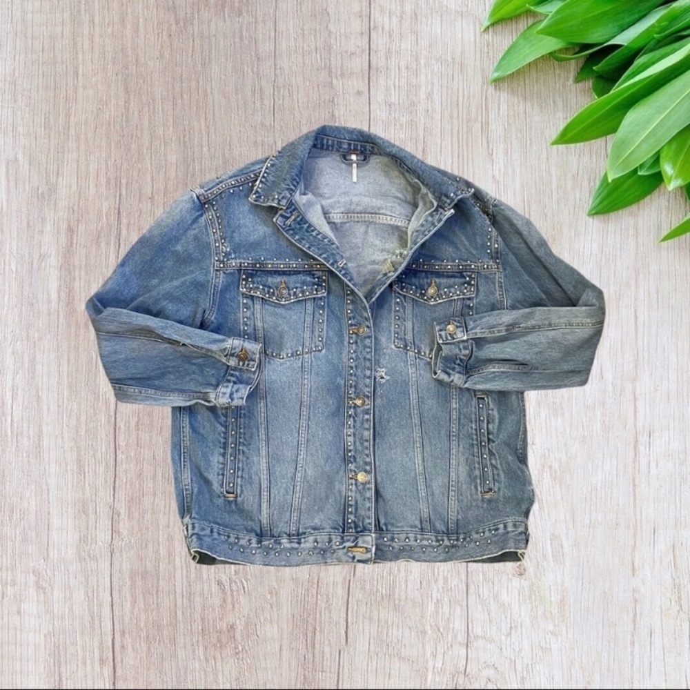 🚫SOLD Free People Distressed Embellished Jean Jacket Blue Large